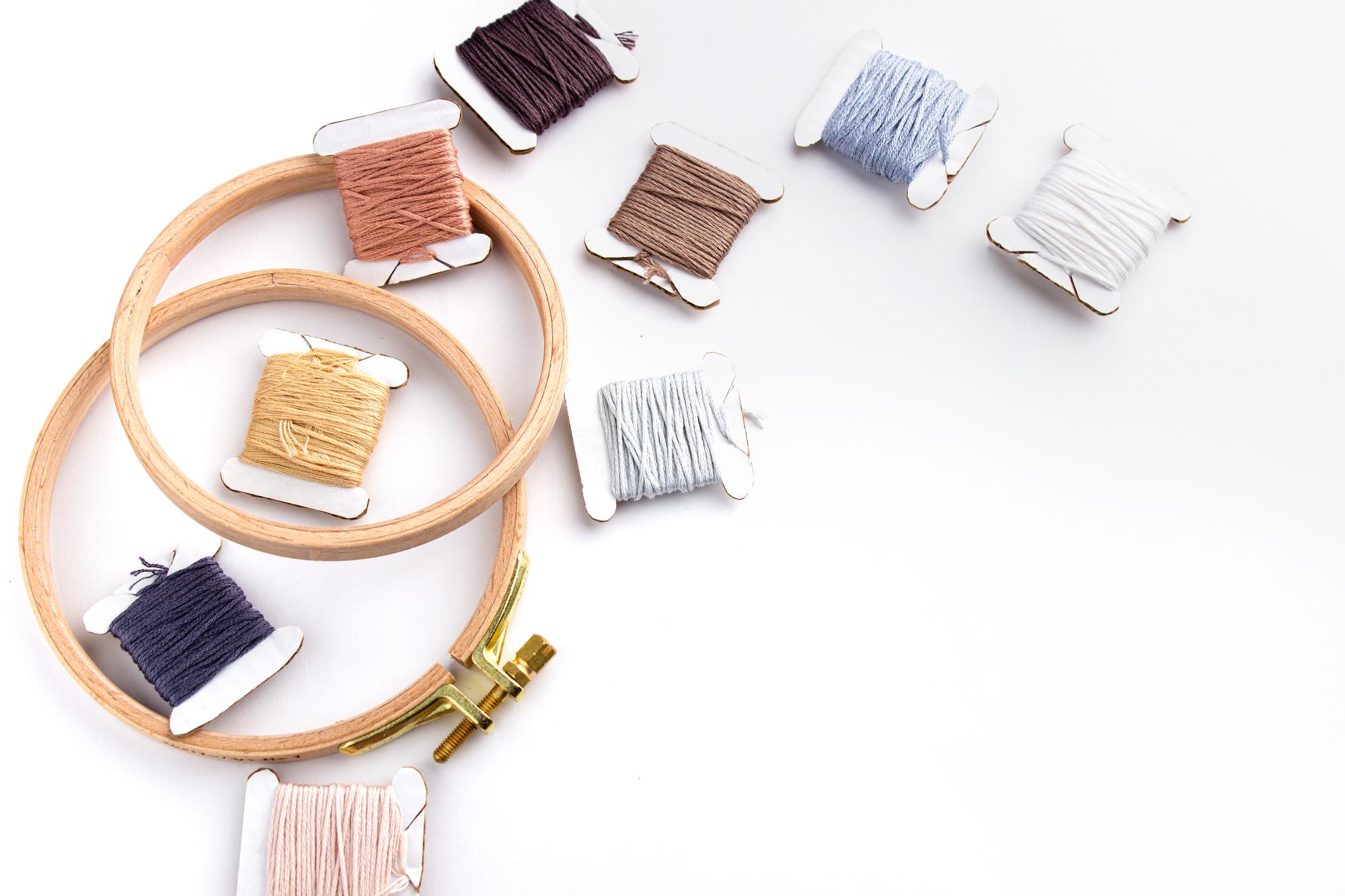 flatlay of embroidered samples and thread spools